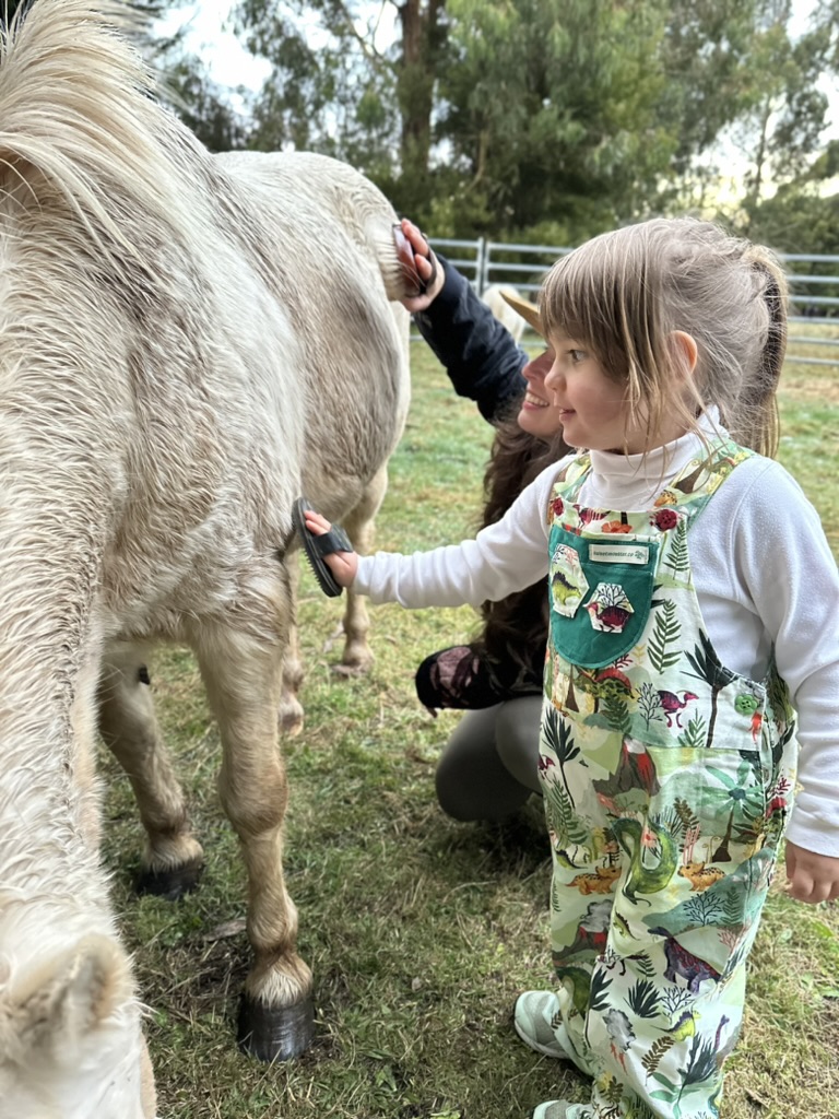 women and young kid brushing horse